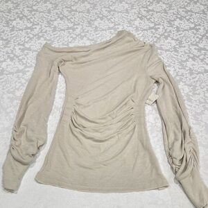 Free People Ruched Front Off-Shoulder Long Sleeve Top in Light Beige